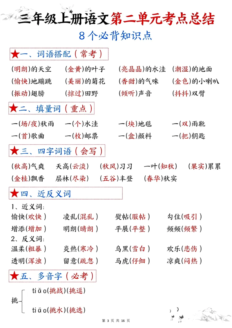《三年级上册语文第一单元考点总结_3年级上册同步教辅合集_3上-语文_三上语文-核心考点》第3页预览