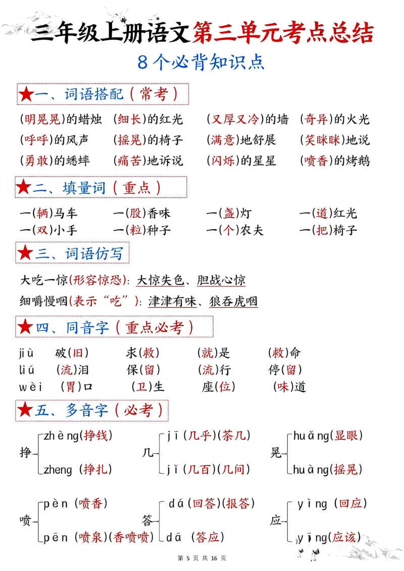 《三年级上册语文第一单元考点总结_3年级上册同步教辅合集_3上-语文_三上语文-核心考点》第5页预览