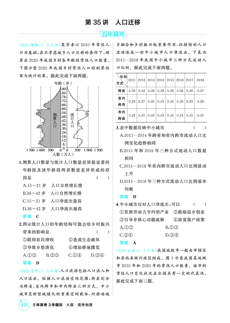 《1_07第七章_2026版教学资源包_202653高考总复习A版_广东版_2026版.广东版.选考总复习.地理.5·3A版_第七章人口与地理环境_1_精练册PDF》第4页预览