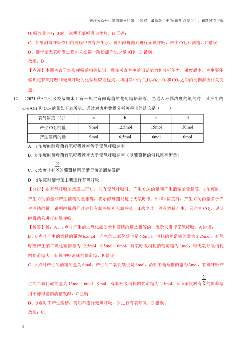 《考点11&12细胞呼吸的类型和过程及细胞呼吸的影响因素及应用（精练）（解析版）_06-生物-高考总复习_一轮复习_2024年_2023-2024学年高三生物一轮复习_资料》第9页预览