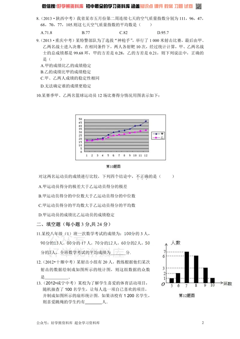 《新版北师大版八年级数学上册第6章《数据的分析》单元测试试卷及答案（1）_初中数学期中卷+期末卷+单元卷+月考卷_初中数学单元测试_北师大版_北师大版_八上》第2页预览
