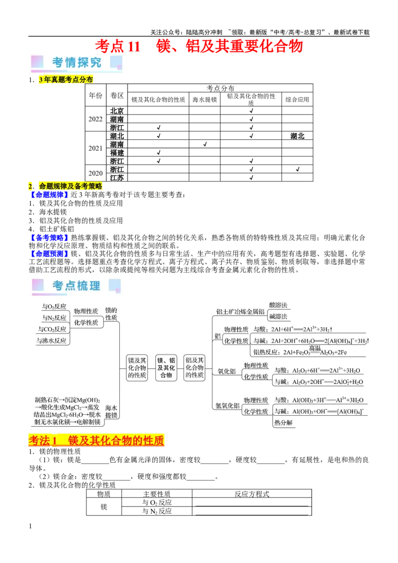 《考点11镁、铝及其重要化合物（核心考点精讲精练）-备战2024年高考化学一轮复习考点帮（新高考专用）（学生版）_05-化学-高考总复习_一轮复习_2024年_第3章金属及其化合物》第1页预览