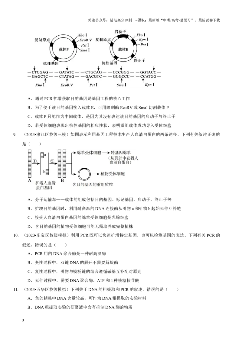 《考点49基因工程的工具及操作程序（精练）（原卷版）_06-生物-高考总复习_一轮复习_2024年_2023-2024学年高三生物一轮复习_资料》第3页预览