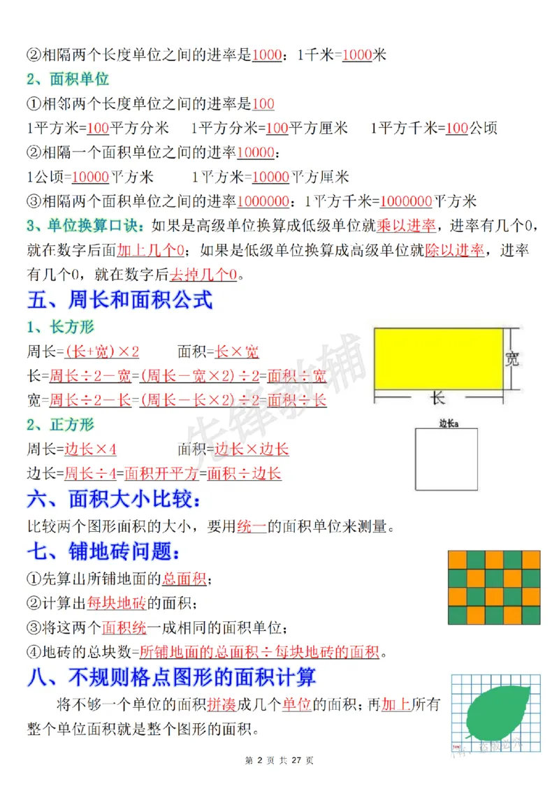 《三年级(下)数学《面积》知识点+考点总结+九大专项_3年级下册同步教辅_3下-数学_三下数学重点必背》第2页预览