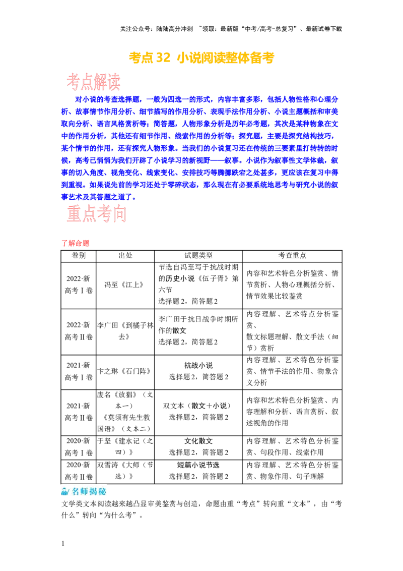 《考点32小说阅读整体备考_一轮复习_2024年_2024年高考语文一轮复习考点帮（新高考专用）》第1页预览
