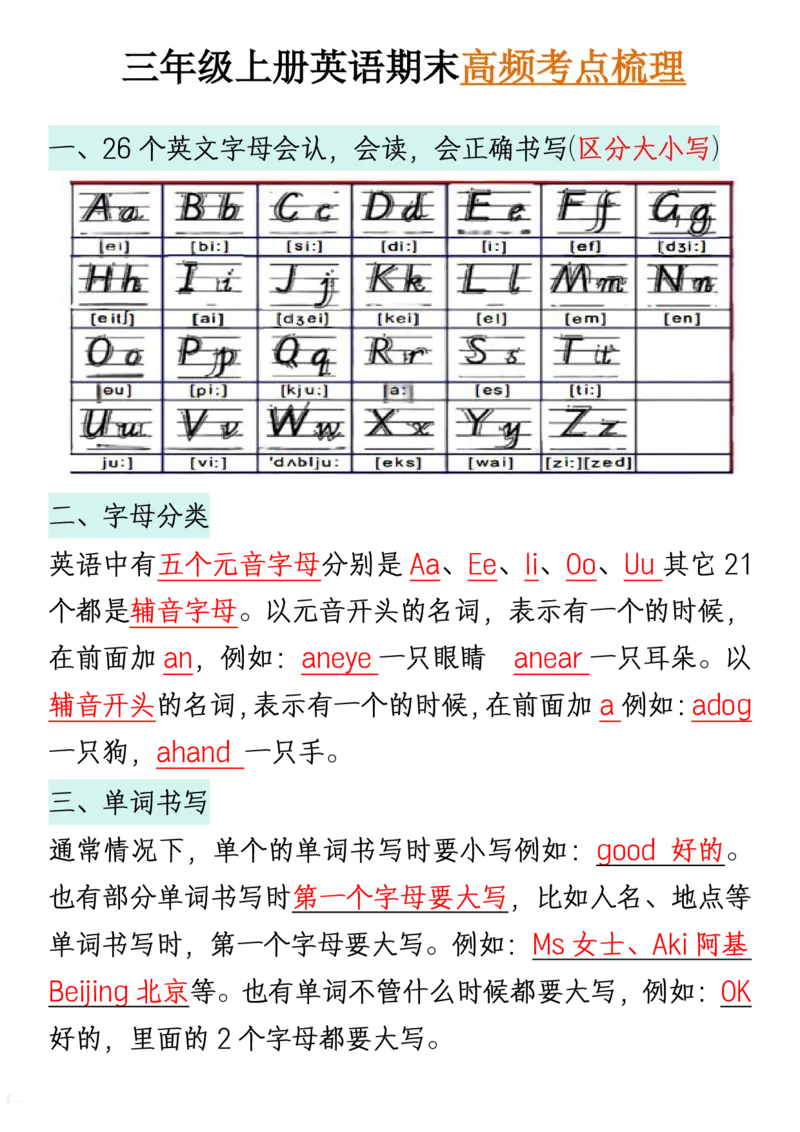 《三年级上册英语期末高频考点梳理(1)_3年级上册同步教辅合集_3上-英语_三上英语-通用》第1页预览