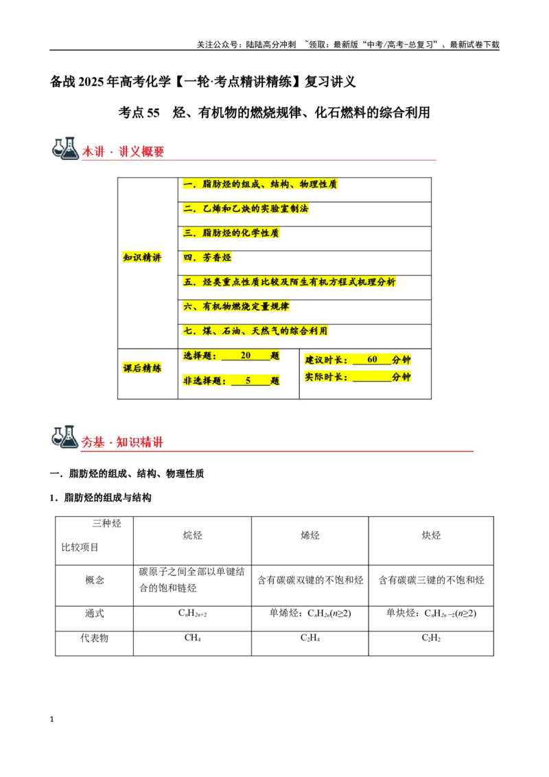 《考点55烃、有机物的燃烧规律、化石燃料的综合利用（教师版）（新教材新高考）_05-化学-高考总复习_一轮复习_2025年_2025年高考化学一轮·考点讲义练习复习讲义（新教材新高考）》第1页预览