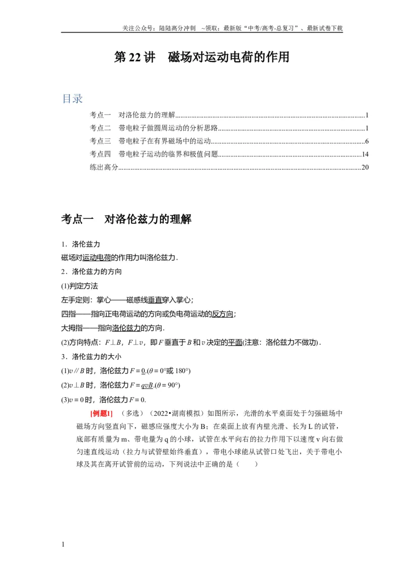 《第22讲　磁场对运动电荷的作用（解析版）_04-物理-高考总复习_一轮复习_2024年_2024年高考物理一轮复习考点精讲精练巩固全国通用_资料》第1页预览