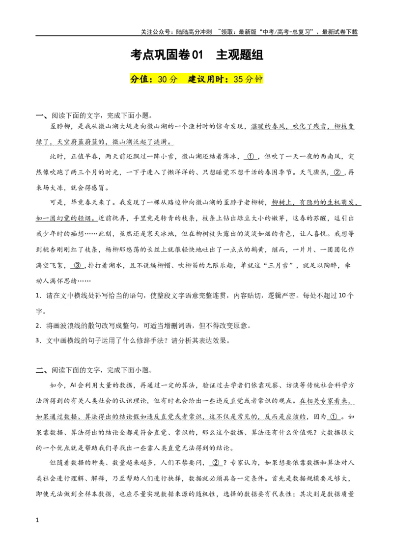 《考点巩固卷01主观题组-2024年高考语文一轮复习考点通关卷（新高考通用）（原卷版）_一轮复习_2024年_2024年高考语文一轮复习考点通关卷（新高考通用）_专题三语言文字运用》第1页预览