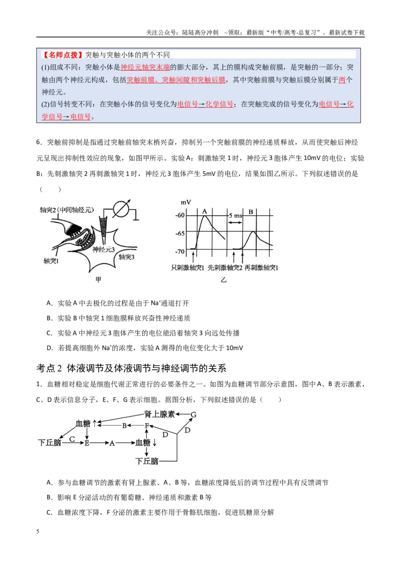《猜押07动物生命活动的调节（学生版）_06-生物-高考总复习_专项复习_2025年_2025年高考生物抢分秘籍（新高考专用）_2025版》第5页预览