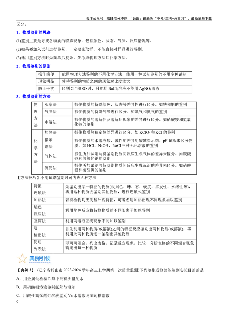 《考点2物质的分离、提纯、检验与鉴别（核心考点精讲精练（原卷版）_05-化学-高考总复习_一轮复习_2024年_2024年高考化学一轮复习考点帮（新高考专用）_第10章化学实验基础与探究》第9页预览