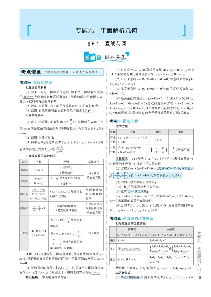 《1_9.1专题考点精析（解释：22版53A对应专题讲解pdf文件）(1)_2023版教学资源包_2023版新高考版高考总复习数学5·3A版_28_专题九91直线与圆_7_专题考点精析》第1页预览