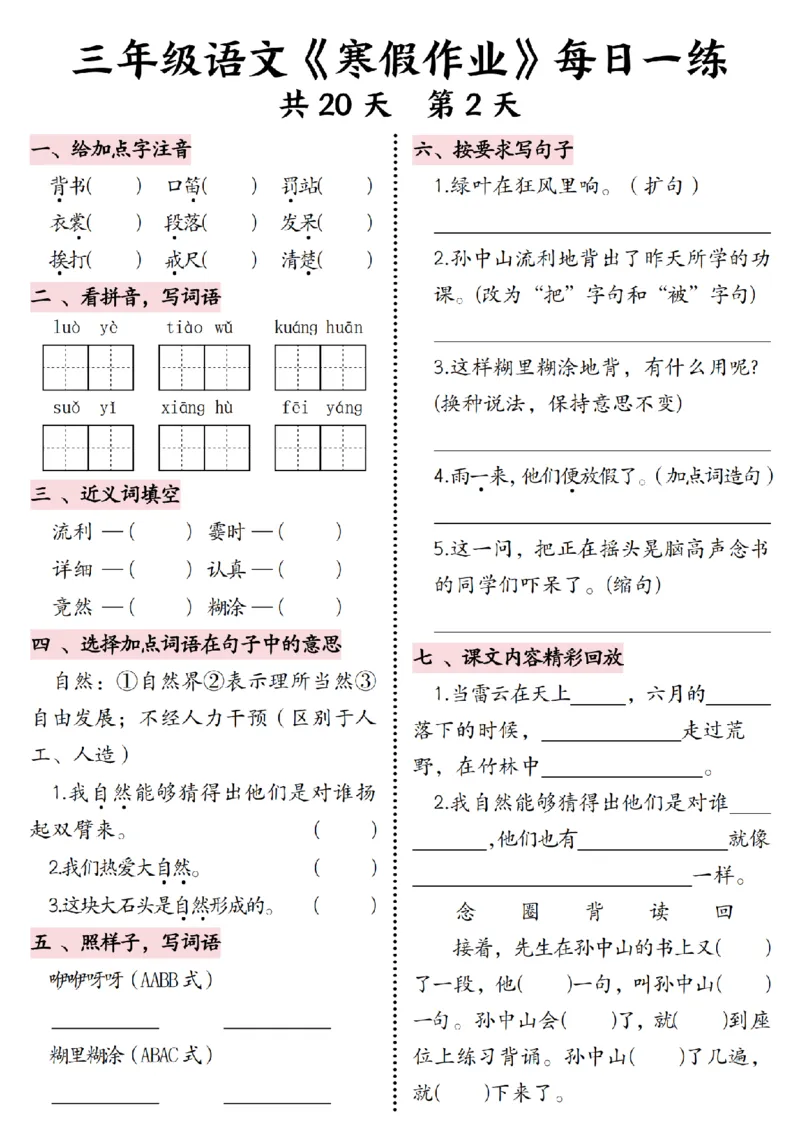 《三年级语文《寒假作业》每日一练-_3年级下册同步教辅_3下寒假作业+规划》第2页预览