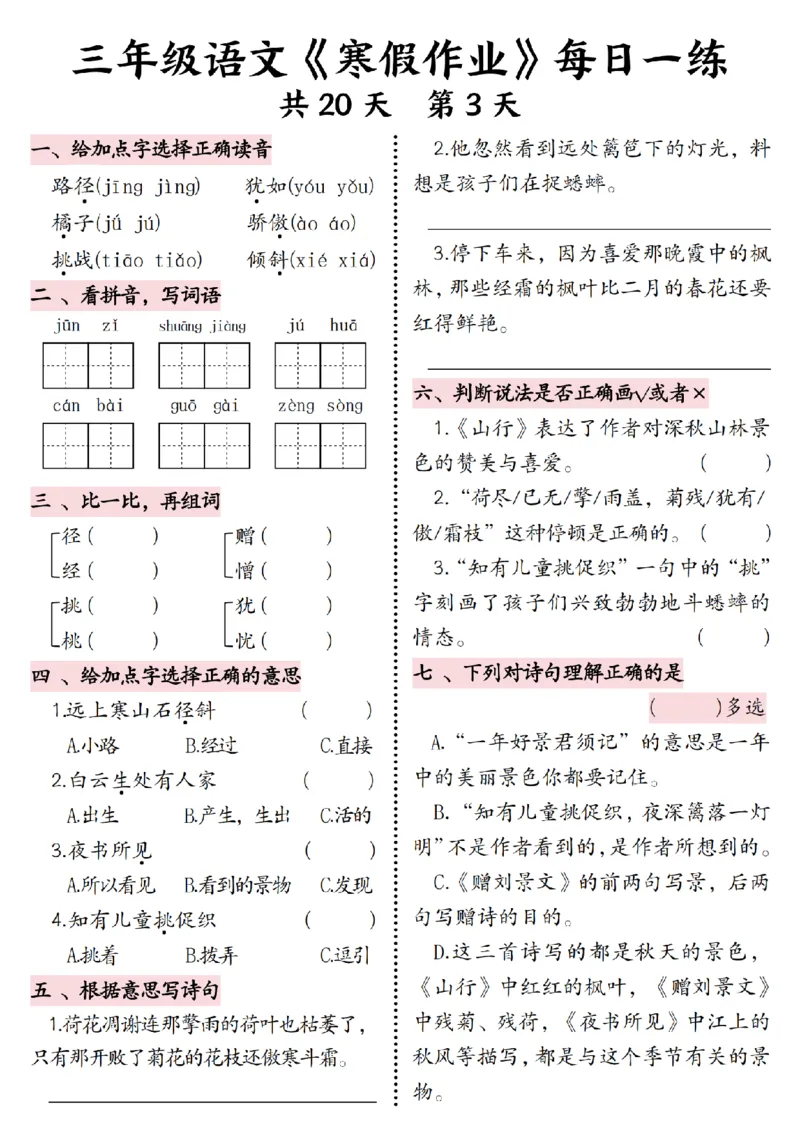 《三年级语文《寒假作业》每日一练-_3年级下册同步教辅_3下寒假作业+规划》第3页预览