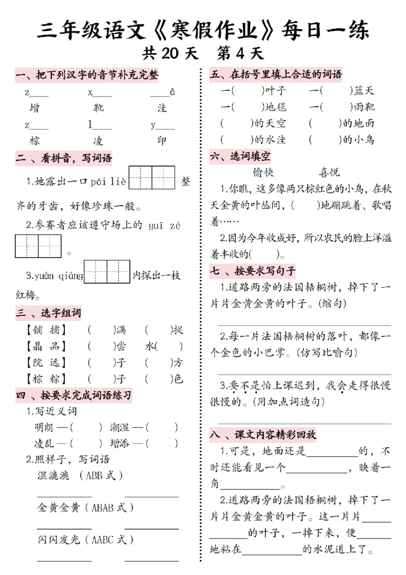 《三年级语文《寒假作业》每日一练-_3年级下册同步教辅_3下寒假作业+规划》第4页预览