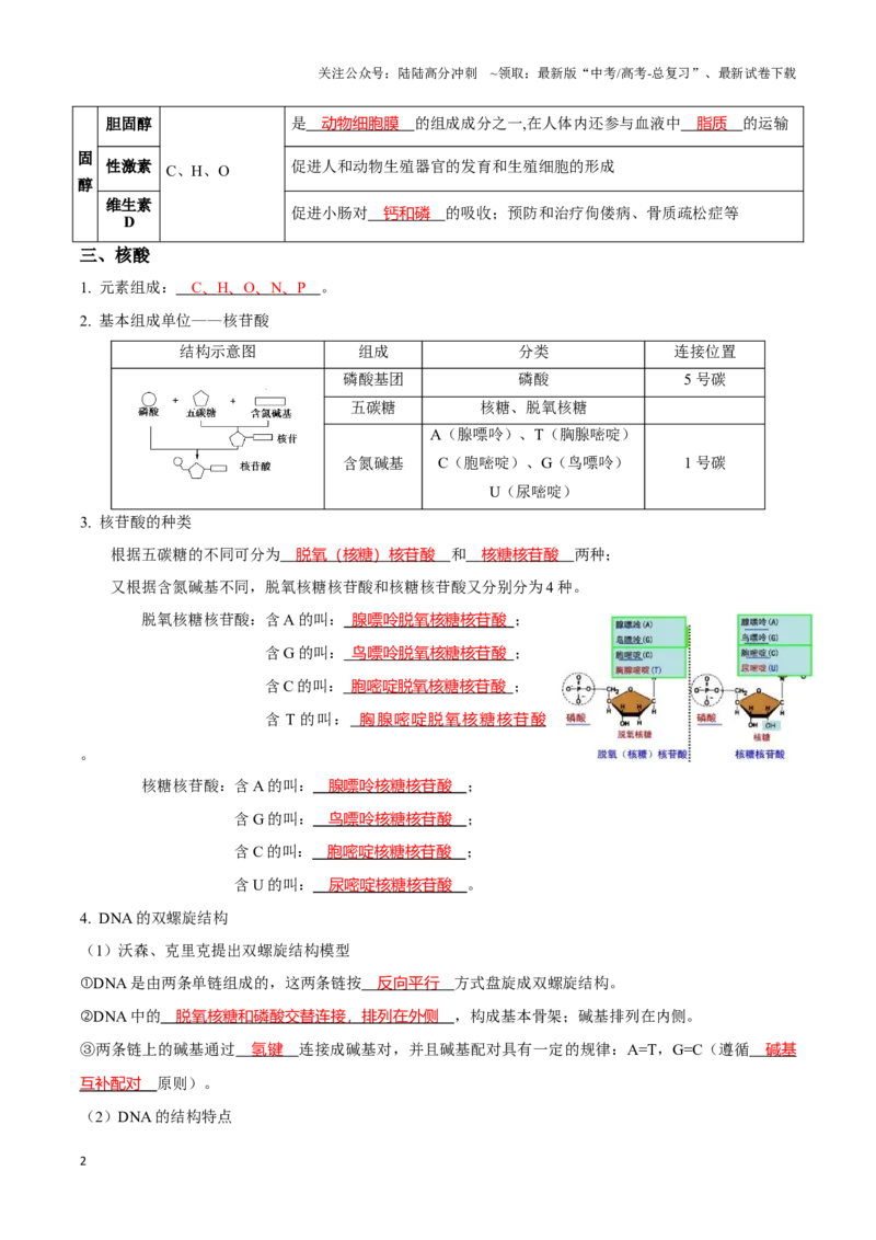 《考点2糖类、脂质、核酸的种类和作用（讲义）（解析版）_06-生物-高考总复习_一轮复习_2024年_2023-2024学年高三生物一轮复习_资料》第2页预览