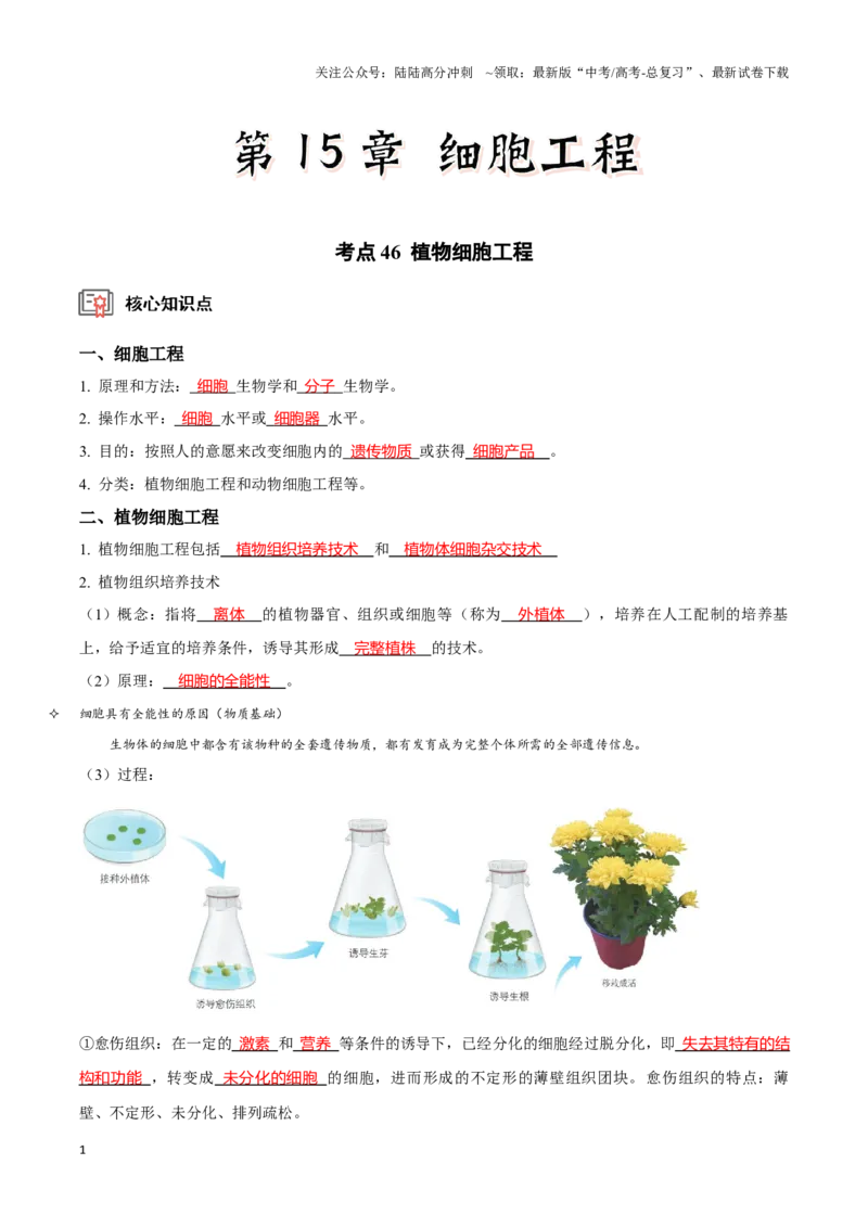 《考点46植物细胞工程（讲义）（解析版）_06-生物-高考总复习_一轮复习_2024年_2023-2024学年高三生物一轮复习_资料》第1页预览