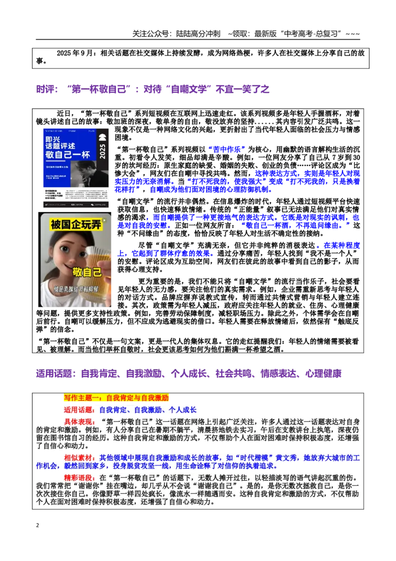 《热点话题40：当代年轻人的“自嘲文学”：“第一杯敬自己”——自我肯定、自我激励、个人成长_专项复习_2026年-语文专项复习_资料_热点话题素材》第2页预览