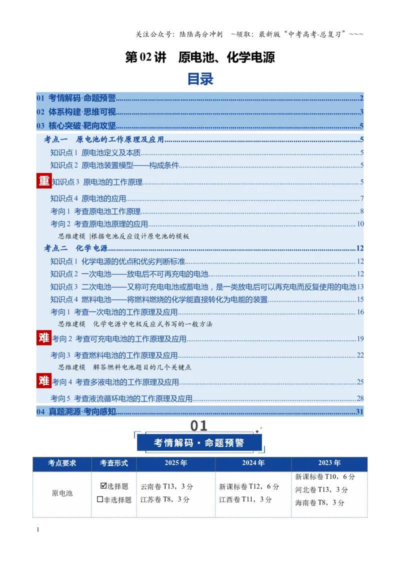 《第02讲原电池、化学电源（复习讲义）（全国通用）（教师版）_05-化学-高考总复习_一轮复习_2026年-化学高考一轮复习_2026年高考化学一轮复习讲义+练习+课件（新教材新高考）-G55_2026版》第1页预览