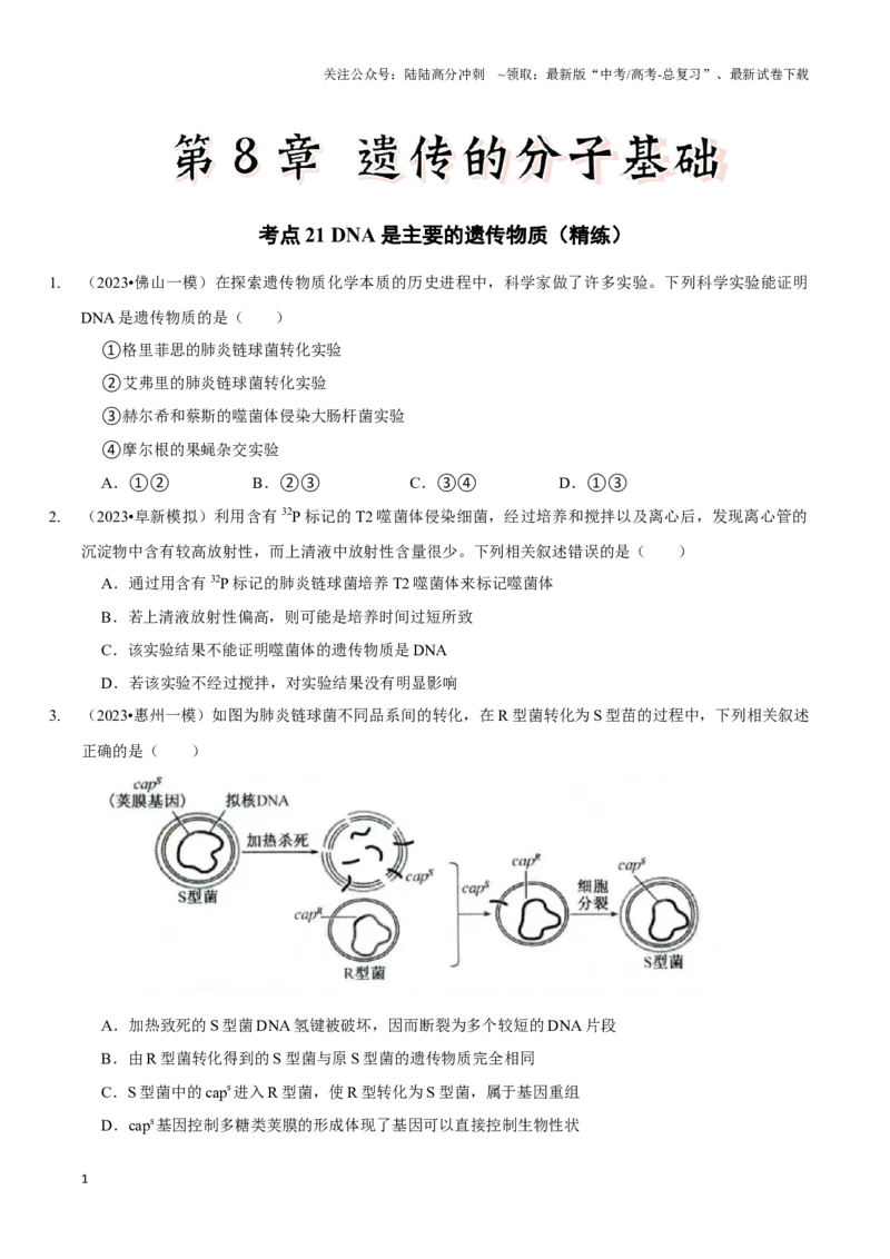 《考点21DNA是主要的遗传物质（精练）（原卷版）_06-生物-高考总复习_一轮复习_2024年_2023-2024学年高三生物一轮复习_资料》第1页预览