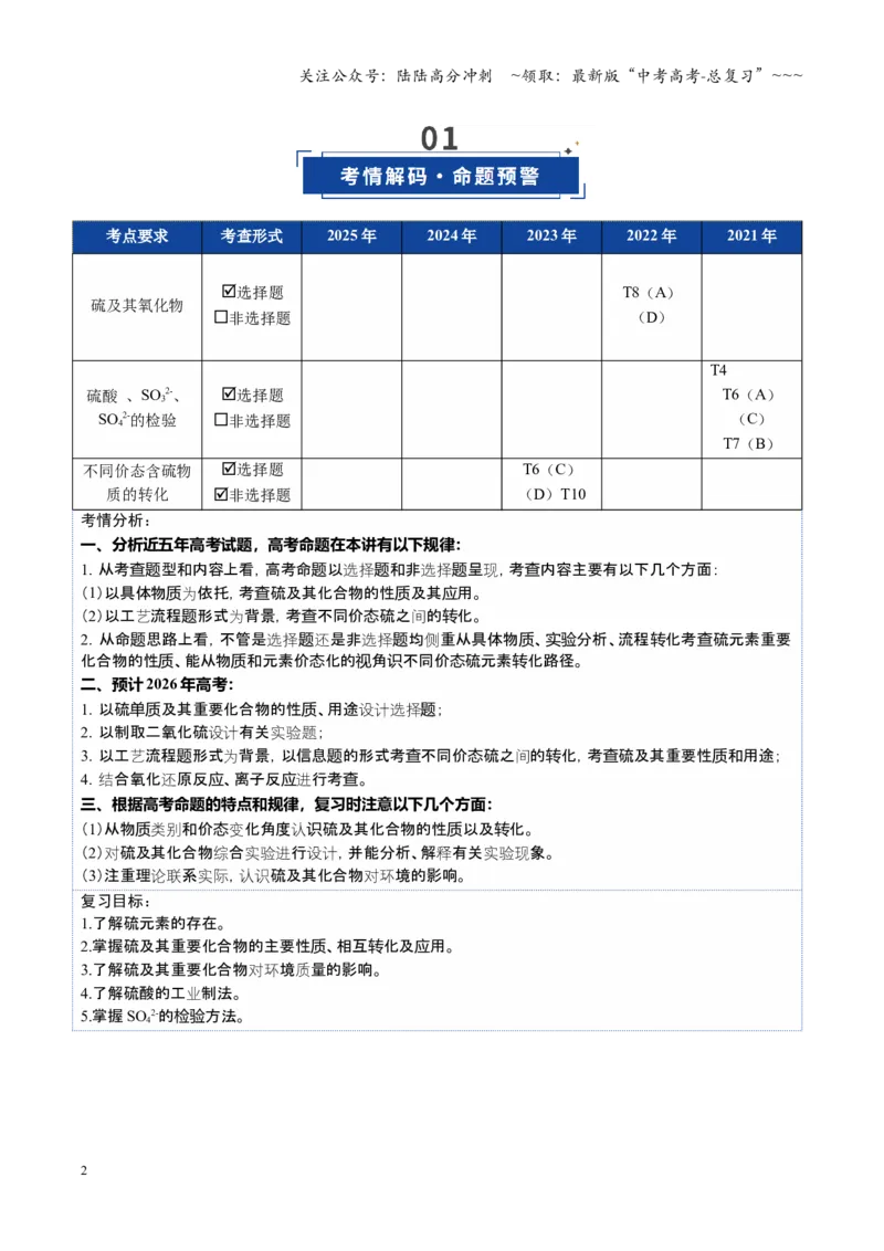 《第02讲硫及其重要化合物（复习讲义）（福建专用）（学生版）_05-化学-高考总复习_一轮复习_2026年-化学高考一轮复习_2026年高考化学一轮课件+讲义+练习（福建专用）-G328》第2页预览
