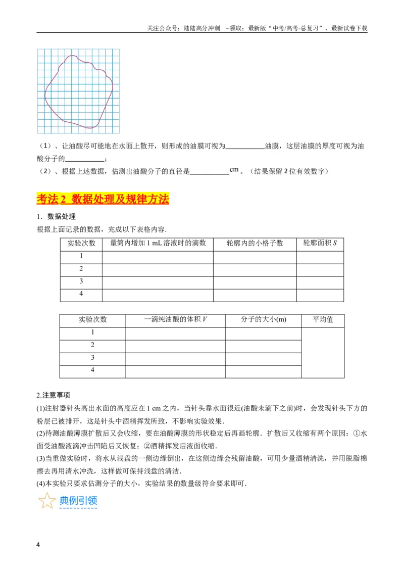 《考点58实验十二油膜法估算分子的直径-（核心考点精讲+分层精练）原卷版_04-物理-高考总复习_一轮复习_2024年_2024年高考物理一轮复习考点帮（新高考专用）》第4页预览