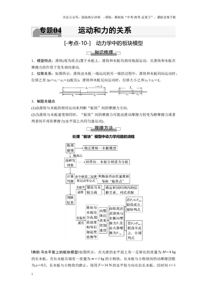 《考点10动力学中的板块模型（原卷版）_04-物理-高考总复习_一轮复习_2024年_2024年新高考物理一轮专题复习方略_资料_第四章运动和力的关系》第1页预览