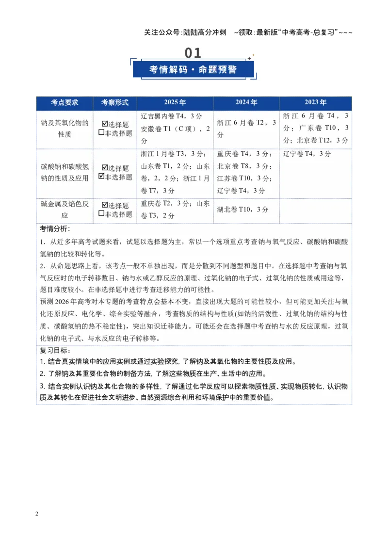 《第01讲钠及其重要化合物（复习讲义）（四川专用）（学生版）_05-化学-高考总复习_一轮复习_2026年-化学高考一轮复习_2026年高考化学一轮课件+讲义+练习（四川专用）-G335》第2页预览
