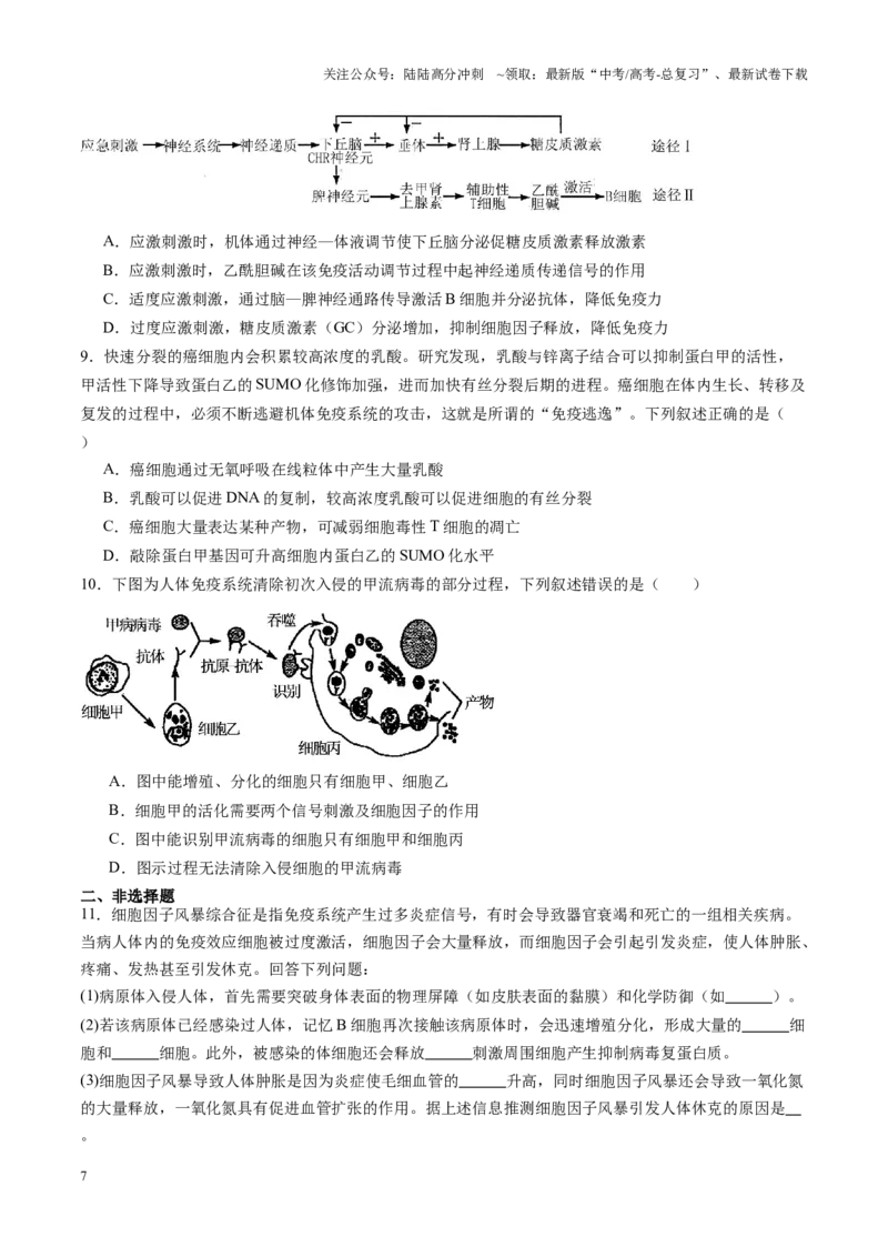 《第28讲免疫调节（练习）（学生版）_06-生物-高考总复习_一轮复习_2025年_2025年新高考生物一轮复习讲义PPT知识点习题训_资料_第八单元稳态与调节》第7页预览