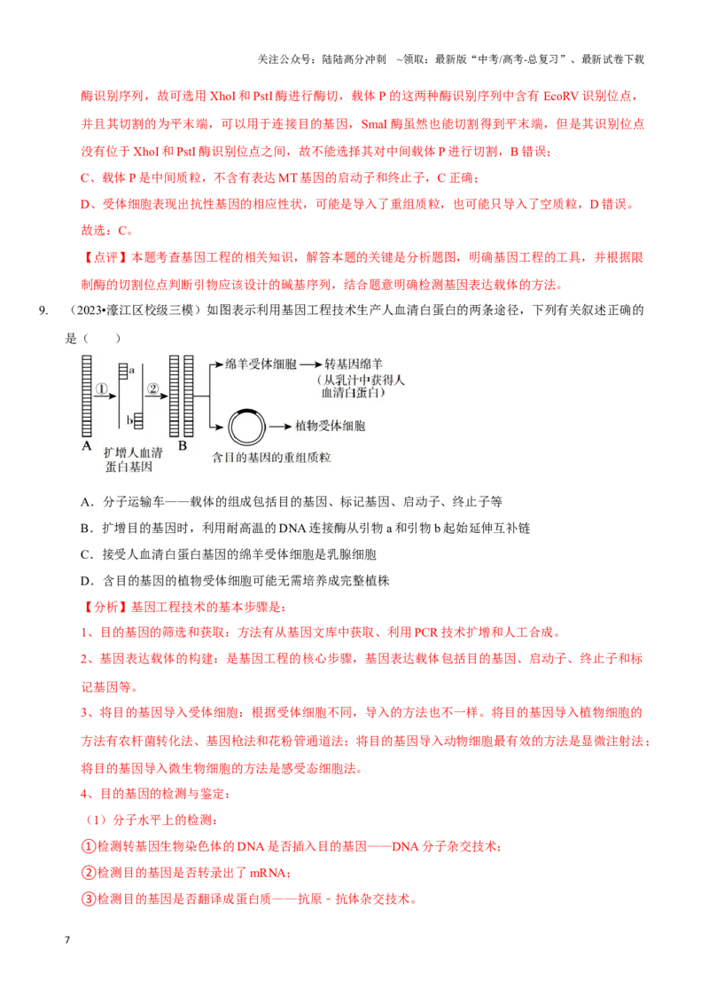 《考点49基因工程的工具及操作程序（精练）（解析版）_06-生物-高考总复习_一轮复习_2024年_2023-2024学年高三生物一轮复习_资料》第7页预览