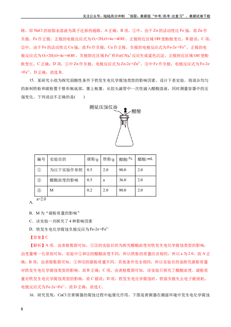 《考点20金属的腐蚀与防护(好题冲关)(解析版)_05-化学-高考总复习_一轮复习_2024年_2024年高考化学一轮复习考点帮（全国通用）_考点20金属的腐蚀与防护（核心考点精讲精练）（全国通用）》第8页预览