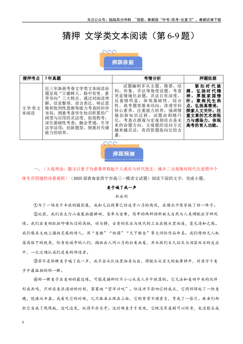 《猜押文学类文本阅读（第6-9题）（学生版）_专项复习_2025年_2025年高考语文抢分秘籍（新高考专用）_2025版》第1页预览
