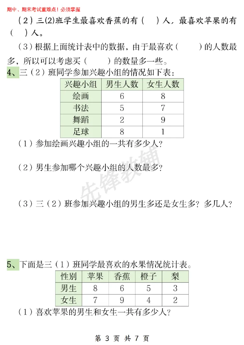 《三年级（下）数学复式统计表专项训练1_3年级下册同步教辅_3下-数学_三下数学通用专项+练习》第3页预览