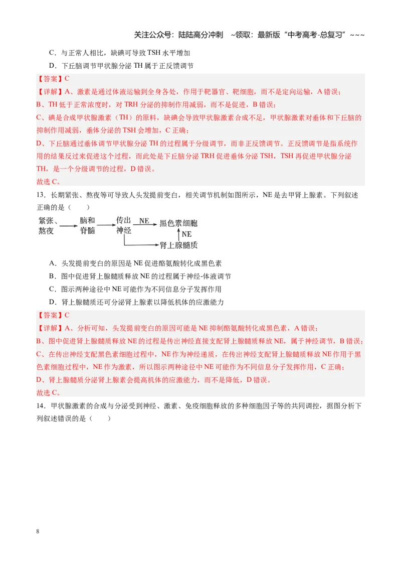 《第24讲体液调节（专项训练）（黑吉辽蒙专用）（教师版）_06-生物-高考总复习_一轮复习_2026年-生物高考一轮复习_2026年高考生物一轮课件+讲义+练习（黑吉辽蒙专用）-G330》第8页预览