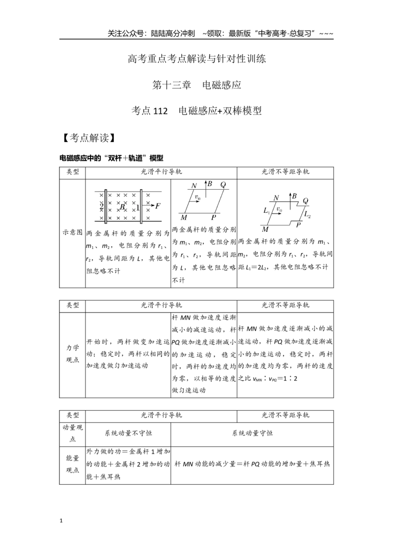 《考点112电磁感应+双棒模型（教师版）_04-物理-高考总复习_一轮复习_2026年-物理高考一轮复习_2026年高考物理一轮复习重点考点解读与针对性精讲练-G449_资料_2026版》第1页预览