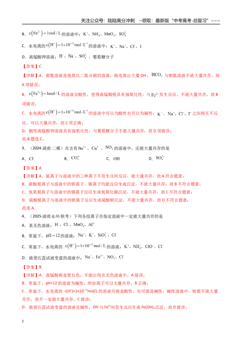 《第03讲离子共存、离子的检验与推断（专项训练）（湖南专用）（教师版）_05-化学-高考总复习_一轮复习_2026年-化学高考一轮复习_2026年高考化学一轮课件+讲义+练习（湖南专用）-G331》第2页预览