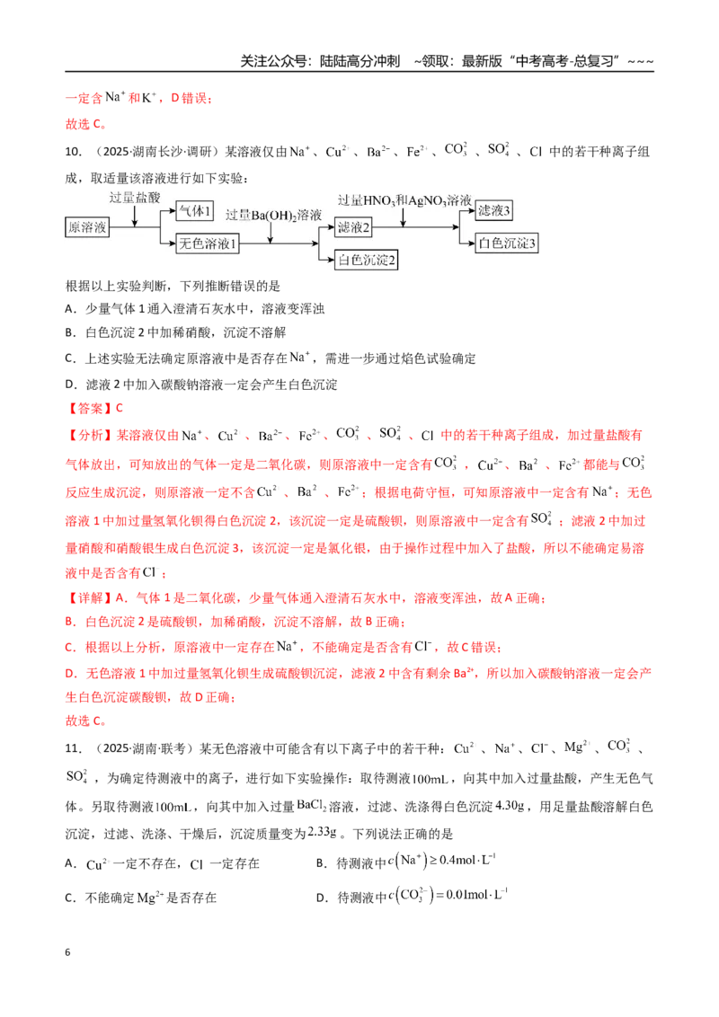 《第03讲离子共存、离子的检验与推断（专项训练）（湖南专用）（教师版）_05-化学-高考总复习_一轮复习_2026年-化学高考一轮复习_2026年高考化学一轮课件+讲义+练习（湖南专用）-G331》第6页预览