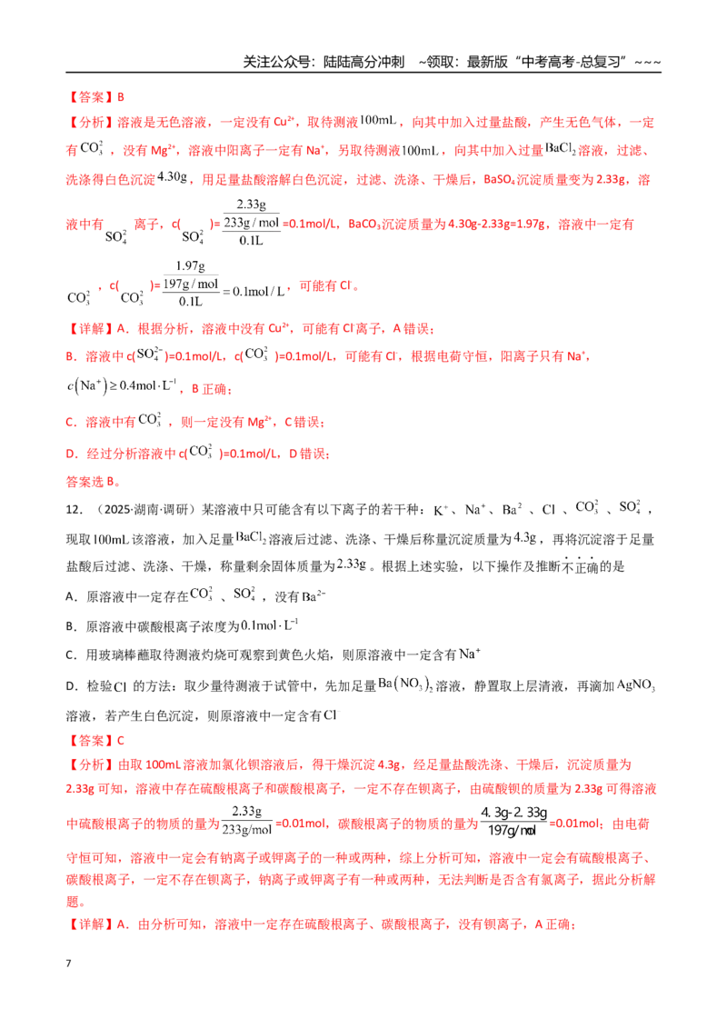 《第03讲离子共存、离子的检验与推断（专项训练）（湖南专用）（教师版）_05-化学-高考总复习_一轮复习_2026年-化学高考一轮复习_2026年高考化学一轮课件+讲义+练习（湖南专用）-G331》第7页预览