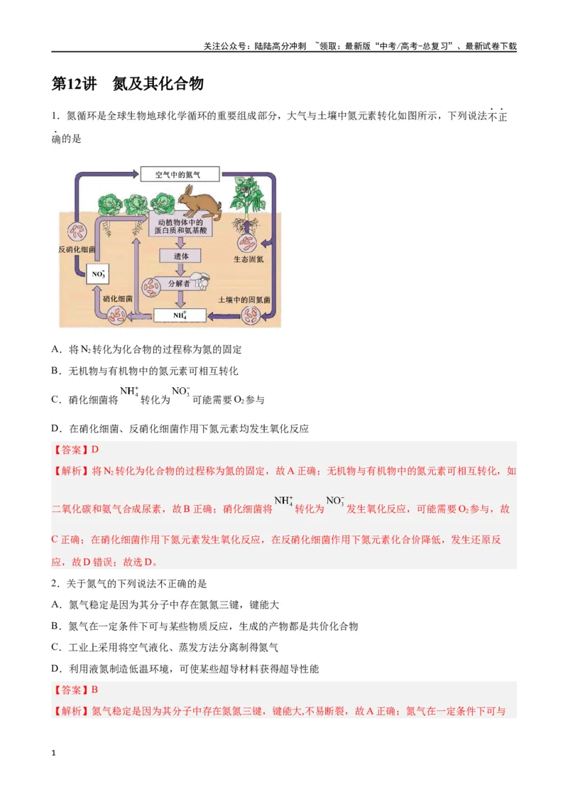《第12讲氮及其化合物（练）-（解析版）_05-化学-高考总复习_一轮复习_2024年_2024年高考化学大一轮复习精讲精练+专题讲座_资料》第1页预览