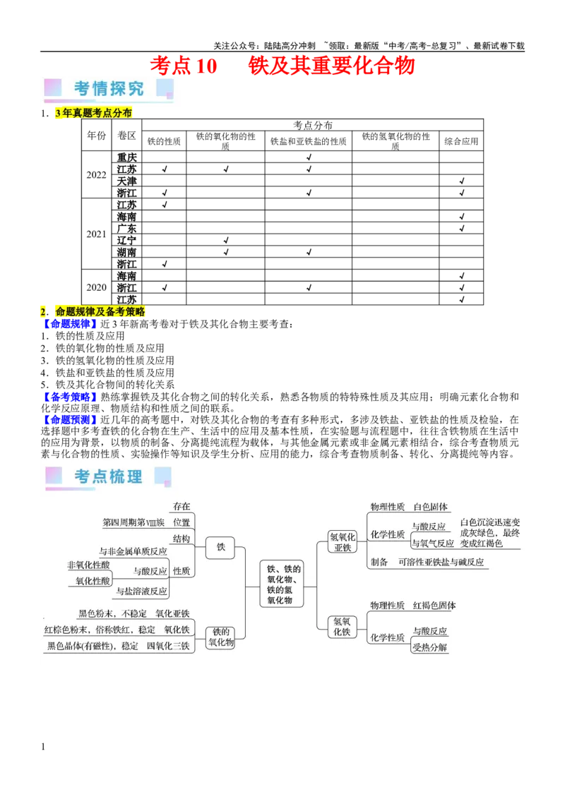 《考点10铁及其重要化合物（核心考点精讲精练）-备战2024年高考化学一轮复习考点帮（新高考专用）（学生版）_05-化学-高考总复习_一轮复习_2024年_第3章金属及其化合物》第1页预览