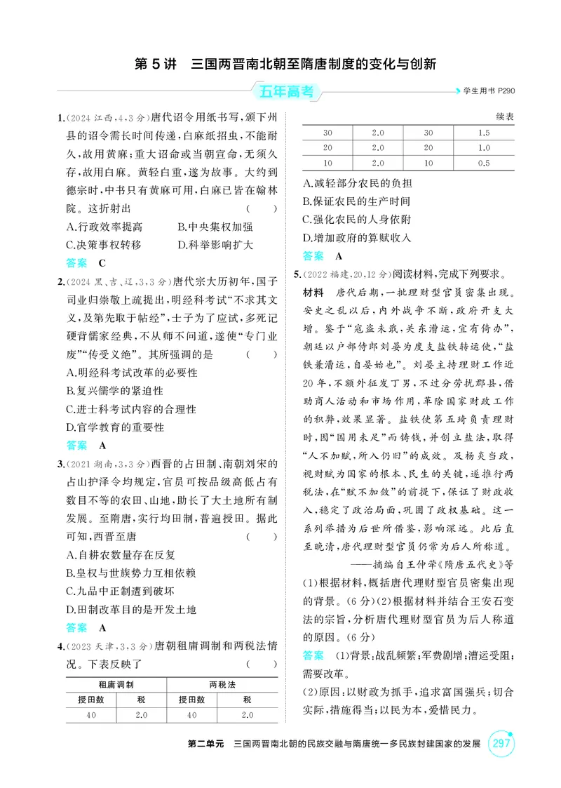 《1_02-第二单元　三国两晋南北朝的民族交融与隋唐统一多民族封建国家的发展_2026版教学资源包_202653高考总复习A版_湖南版_2026版.湖南版.选考总复习.历史.5·3A版_二、教师用书PDF_1_精练册PDF》第7页预览