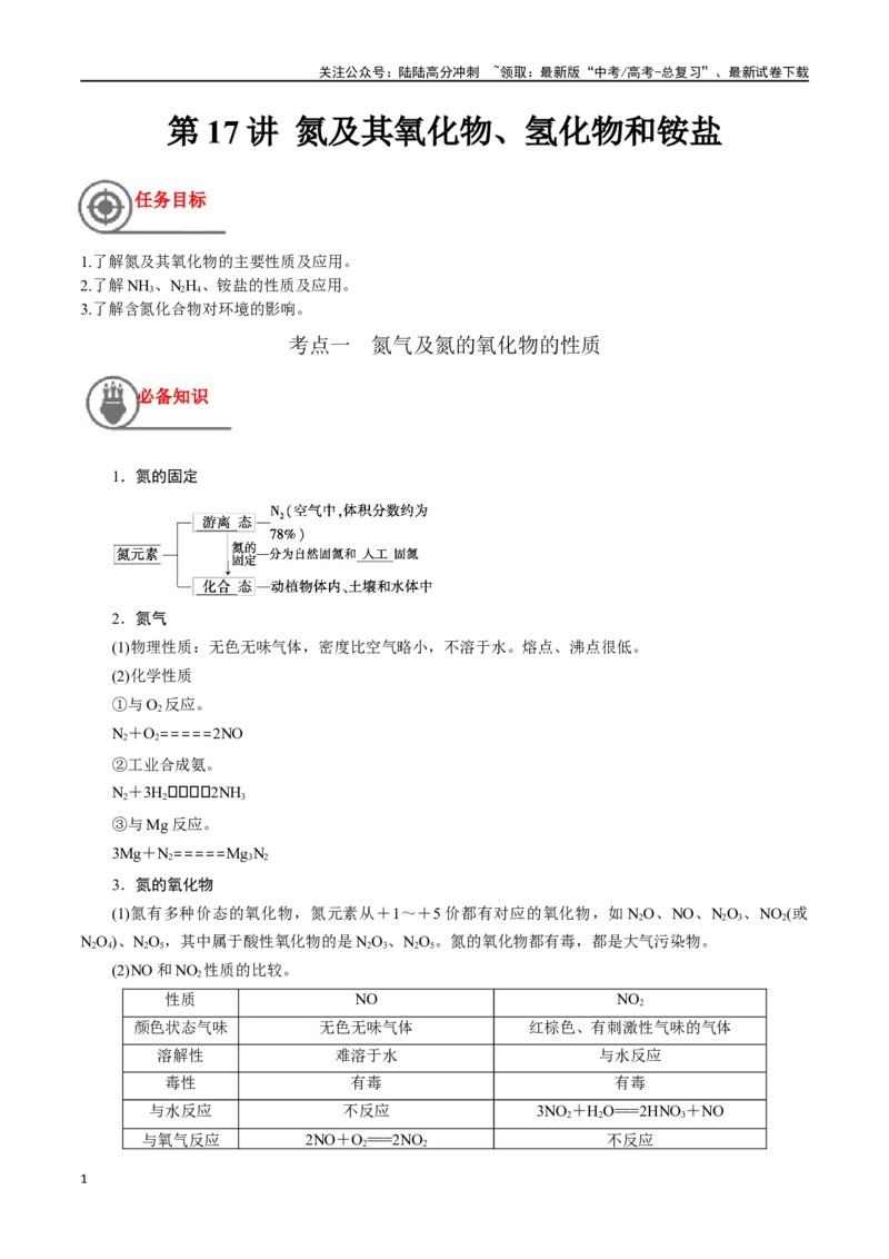 《第17讲氮及其氧化物、氢化物和铵盐（讲义）-（解析版）_05-化学-高考总复习_一轮复习_2024年_2024年高考化学一轮复习讲义+分层练习_资料》第1页预览