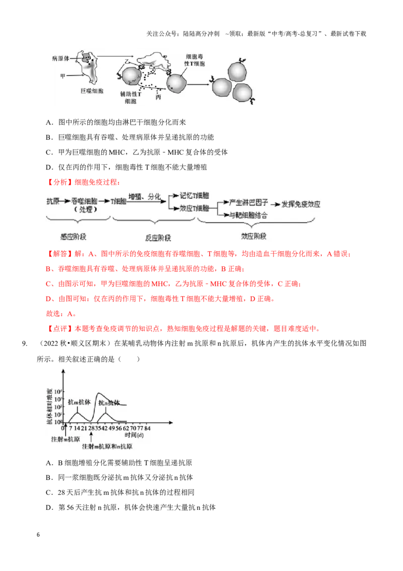 《考点32免疫调节（精练）（解析版）_06-生物-高考总复习_一轮复习_2024年_2023-2024学年高三生物一轮复习_资料》第6页预览