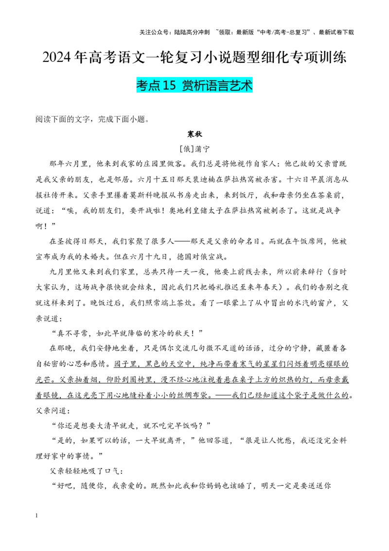 《考点15赏析语言艺术（原卷版）_一轮复习_2024年_2024年高考语文一轮复习小说题型细化专项训练（全国通用）_资料》第1页预览