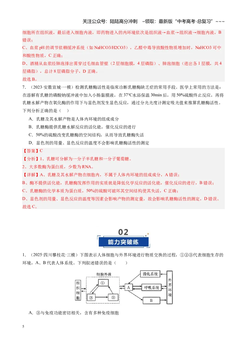 《第25讲内环境与稳态（专项训练）（安徽专用）（教师版）_06-生物-高考总复习_一轮复习_2026年-生物高考一轮复习_2026年高考生物一轮课件+讲义+练习（安徽专用）-G326》第5页预览