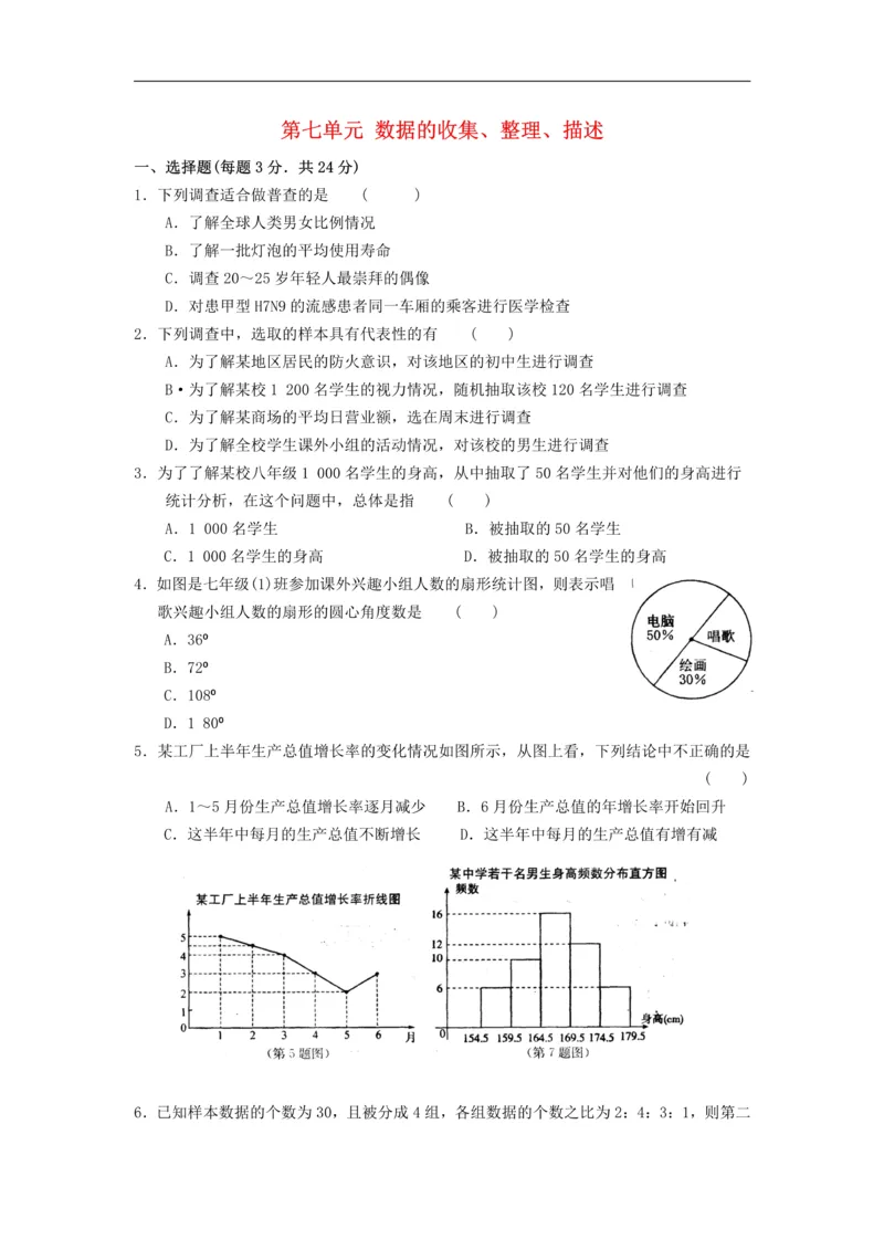 《八年级数学下册第7章数据的收集、整理、描述单元练习_初中数学期中卷+期末卷+单元卷+月考卷_初中数学单元测试_苏科版_苏科版_八下》第1页预览