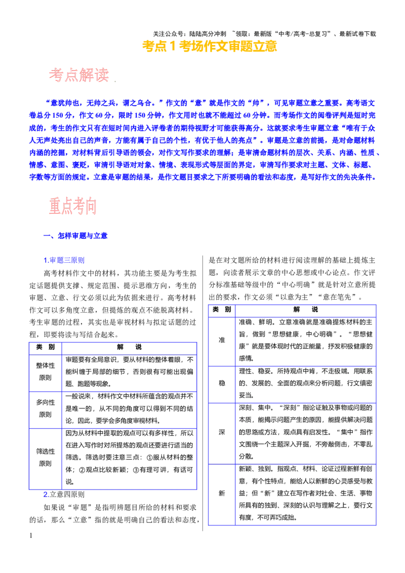 《考点1考场作文审题立意_专项复习_2024年_2024新高考语文满分作文素材论题论点论证议论文热点写作_05高考语文写作专项讲义练习（新高考专用）_讲义》第1页预览