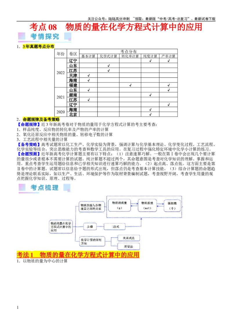 《考点08物质的量在化学方程式计算中的应用（核心考点精讲精练）-备战2024年高考化学一轮复习考点帮（新高考专用）（学生版）_05-化学-高考总复习_一轮复习_2024年_第2章物质的量》第1页预览