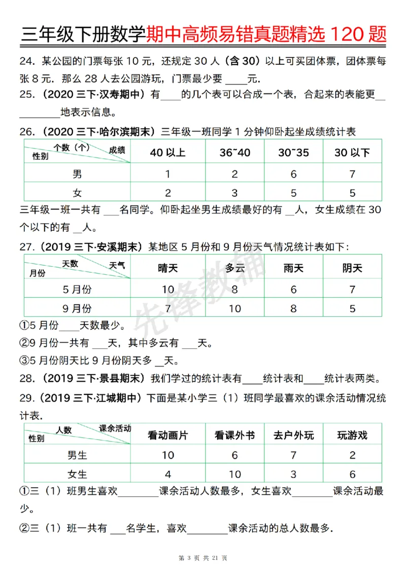 《三年级（下）数学期中高频易错真题精选120题_3年级下册同步教辅_3下-数学_三下数学通用专项+练习》第3页预览