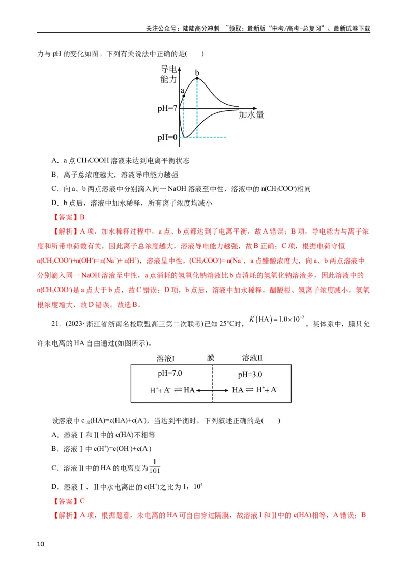 《考点26弱电解质的电离(好题冲关)(解析版)_05-化学-高考总复习_一轮复习_2024年_2024年高考化学一轮复习考点帮（全国通用）_考点26弱电解质的电离（核心考点精讲精练）（全国通用）》第10页预览